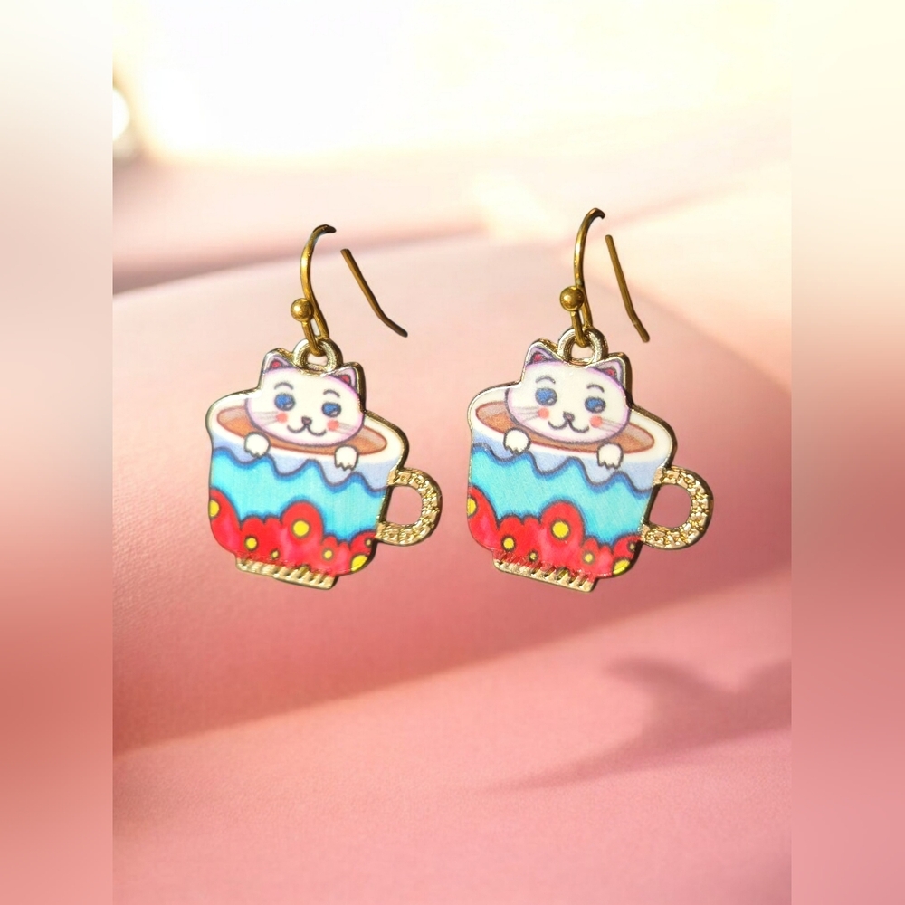 Handmade Cat in Teacup Dangle Earrings Whimsical Gold Tone